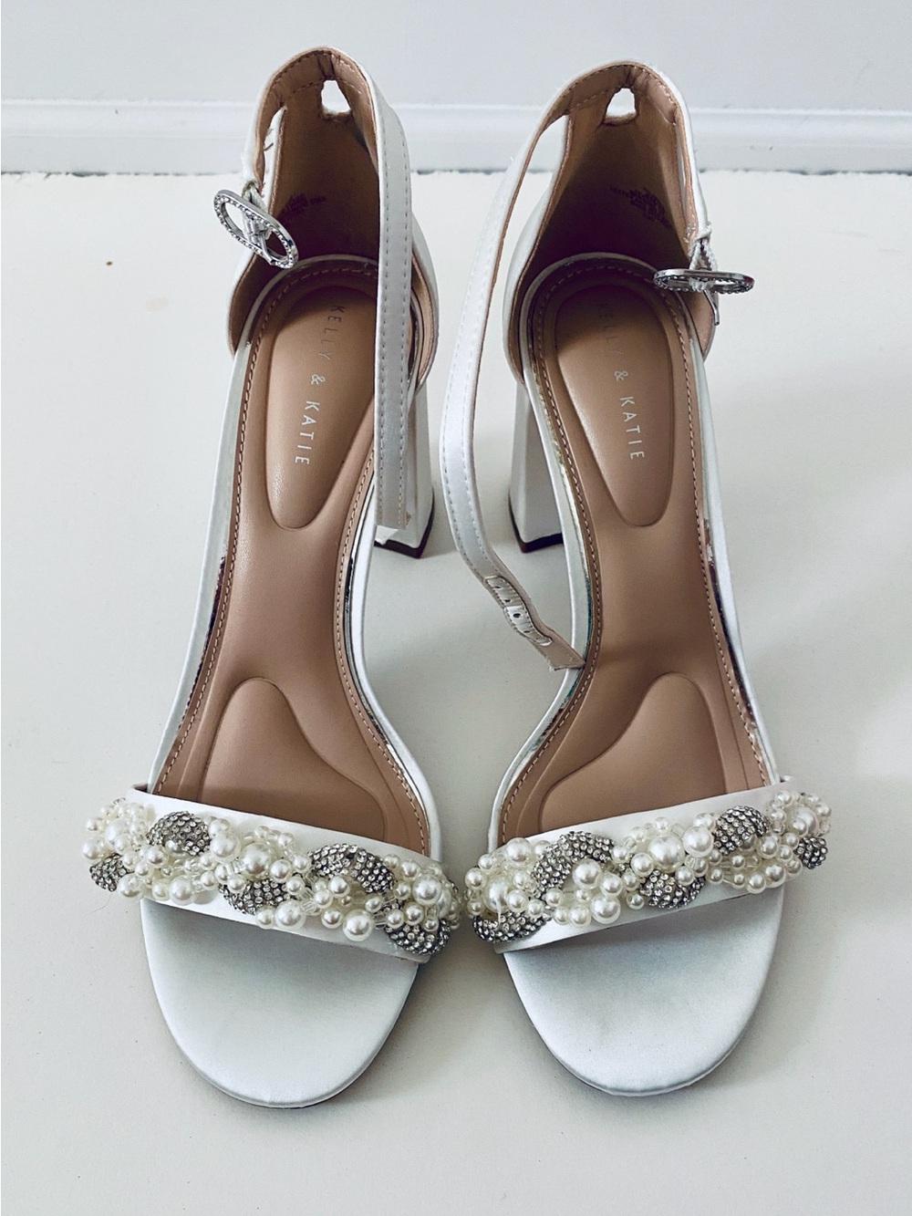 White Pearl & Crystal Embellished Block Heel Sandals - NEW